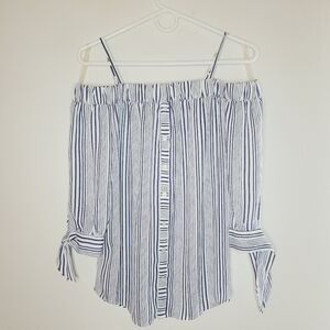 A. Byer Top Brunch Womens Off Shoulder Tie Sleeve Small Blue White Stripe Summer